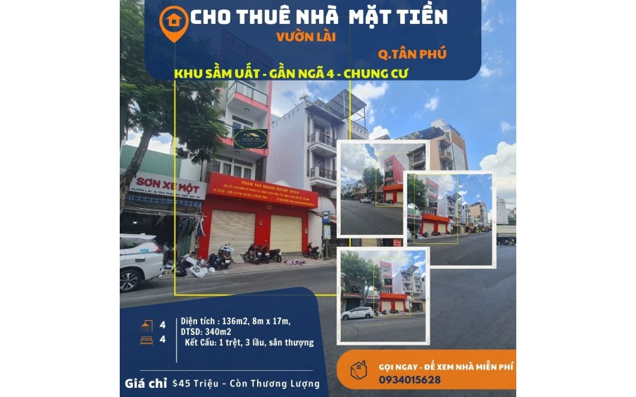 Cho thuê nhà Mặt Tiền Vườn Lài 136m2, 2 LẦU - NGANG 8M